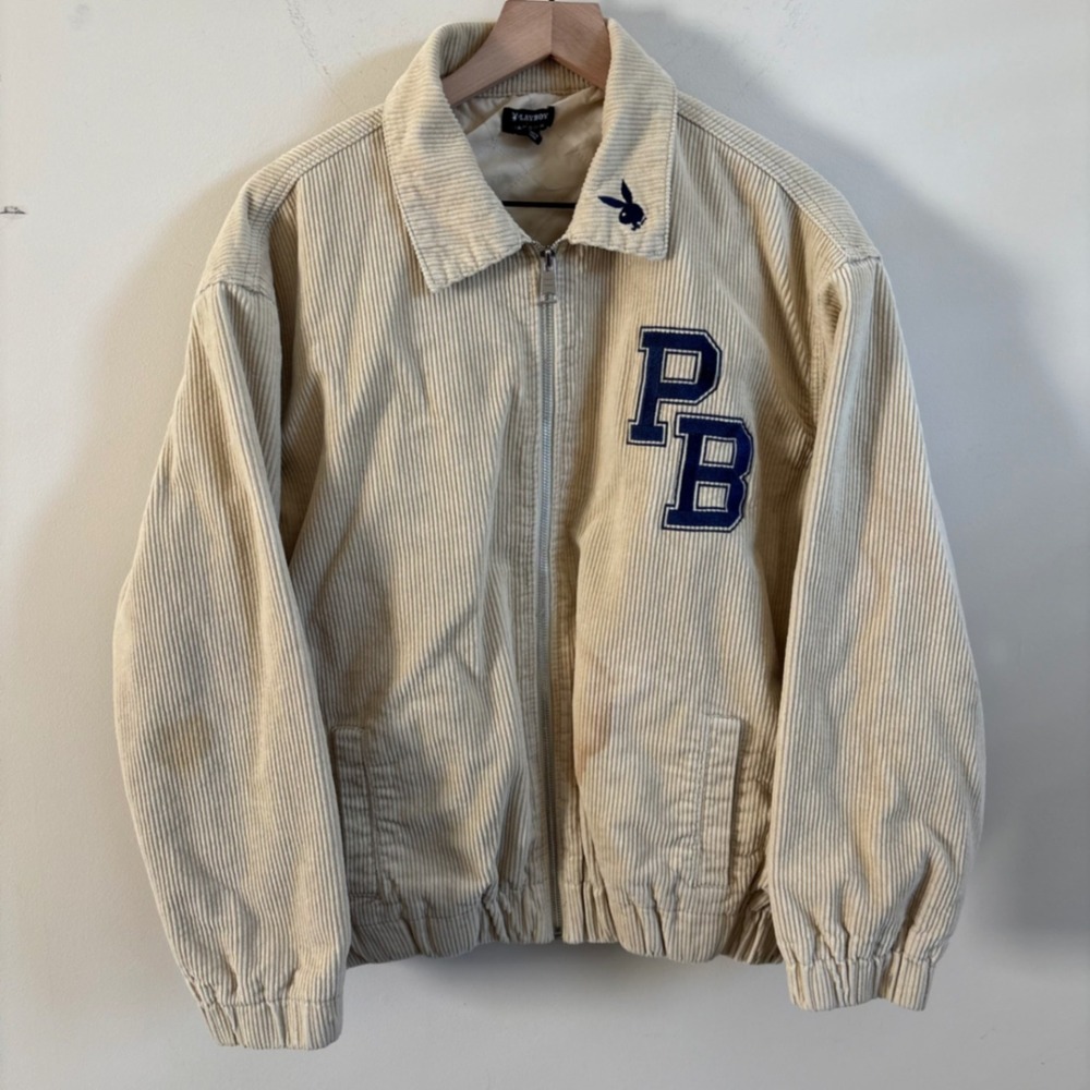 Playboy Vintage Corduroy Bomber Jacket Cream Tan PB Varsity Crest Small